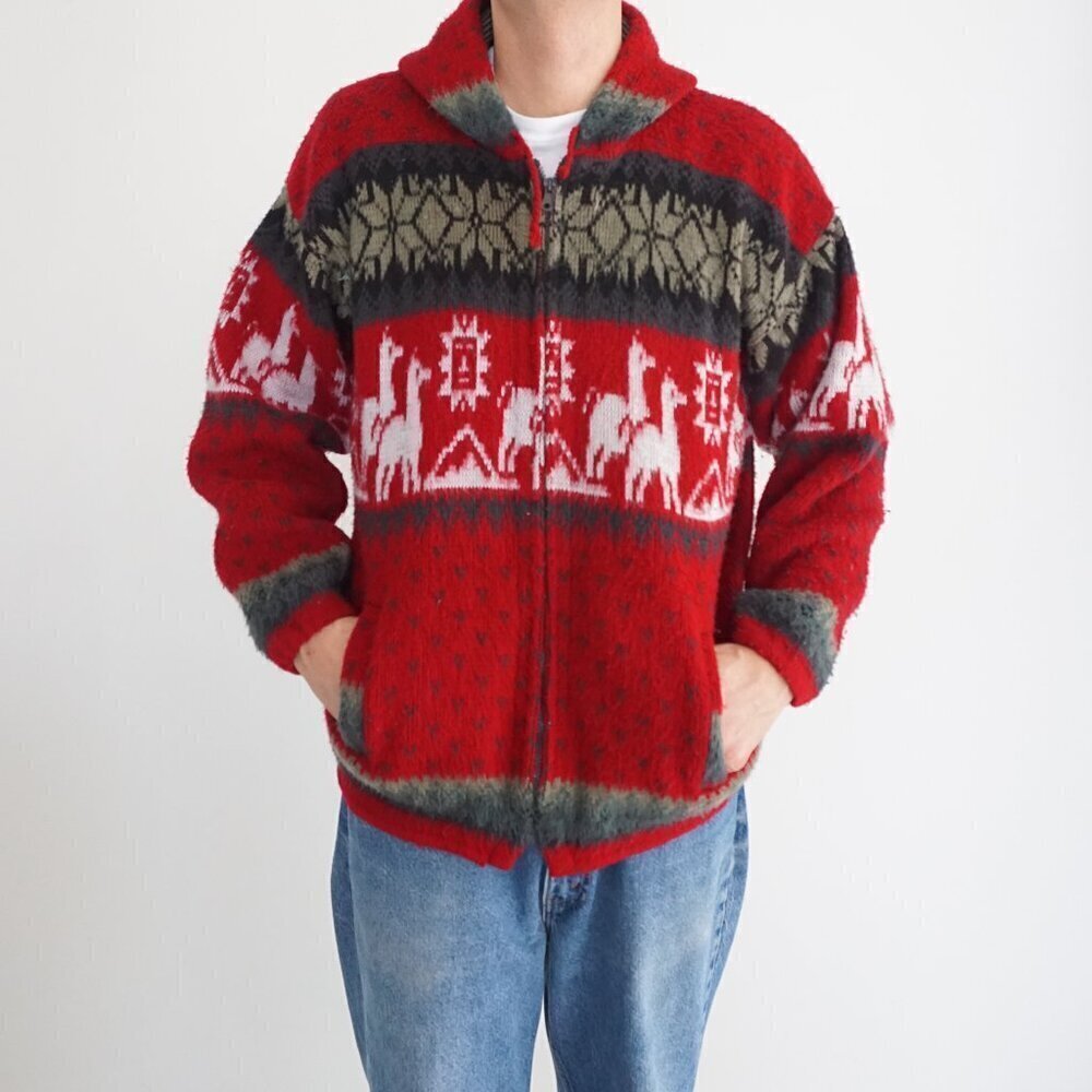 Vintage Tejidos Ruminahui Red Gray Aztec Knit Hooded Zip Up Sweater Medium